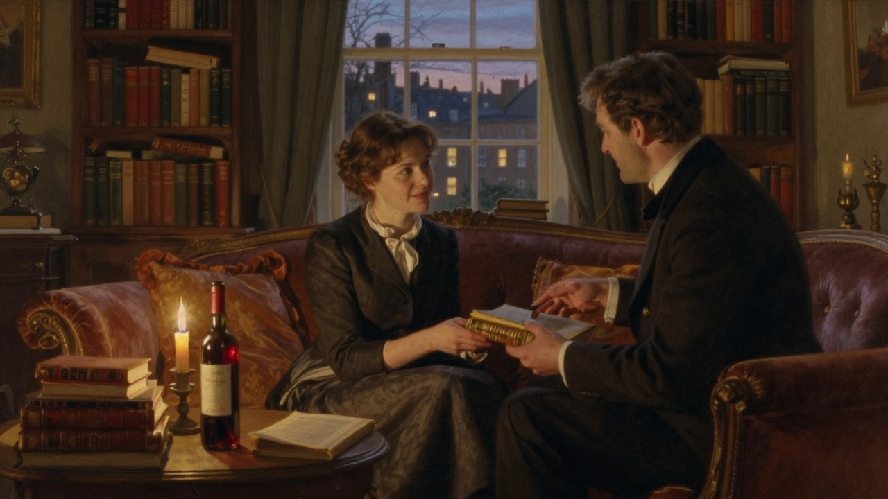 A warm, candlelit study in a Georgian townhouse with books and wine, twilight beyond the window.