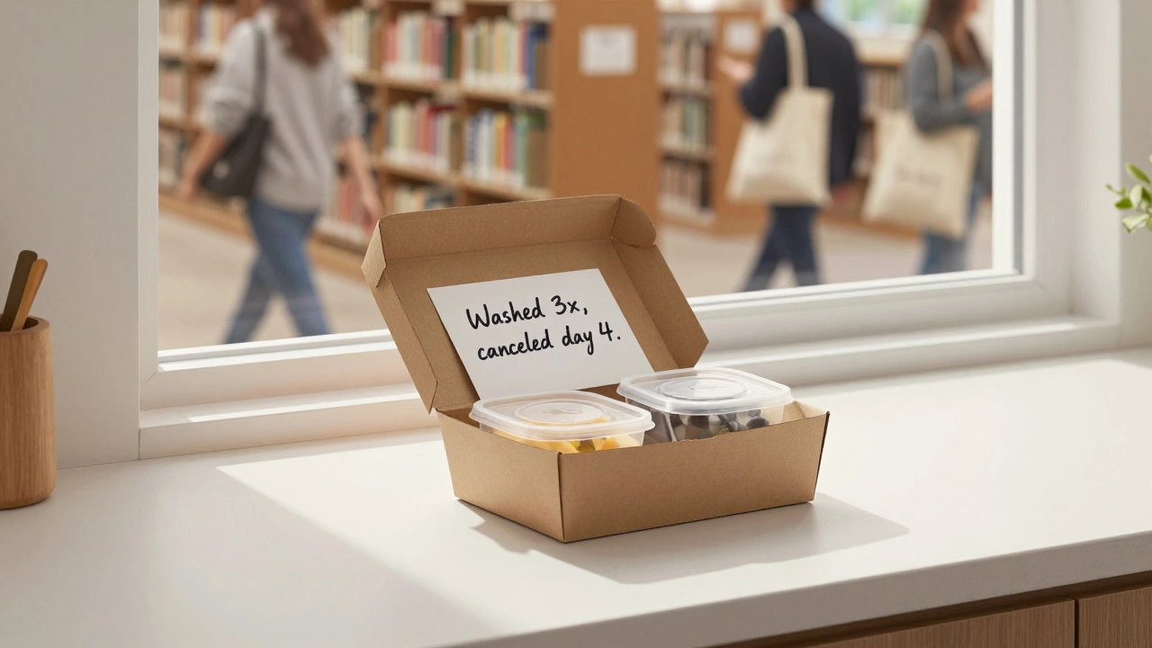 An open meal delivery box on a counter with a note about cancellation, library visible outside.