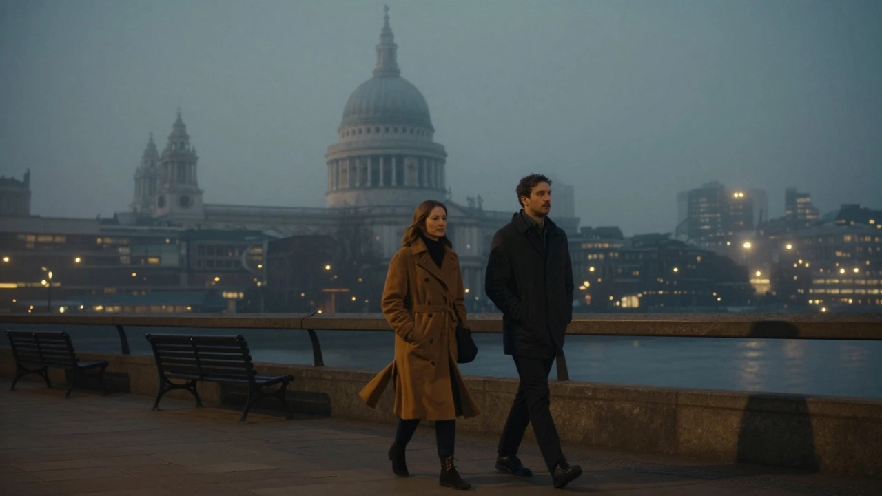 Two people walking along the Thames at night, fog and St. Paul’s casting a serene mood.